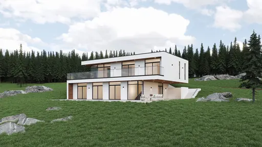 Exteriör av modern villa på grön höjd med stora fönster och ljus fasad.