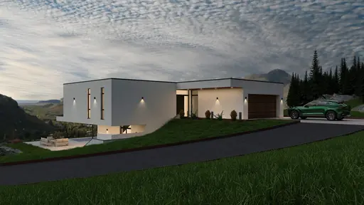 Exteriör av enplansvilla med platt tak och varm belysning i skymning.