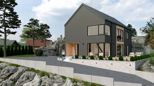 Exteriör av modern gavelvilla med mörk fasad och stora fönster i naturmiljö.