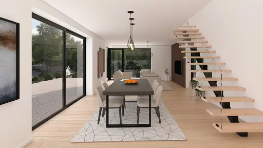 Interiör matplats med långbord, stora glaspartier och fribärande trappa med glas.