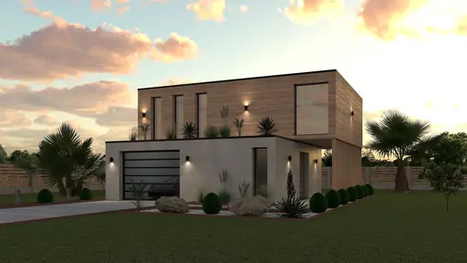 Exteriör av modern tvåplansvilla med träklädd övervåning och betong/putsad botten.