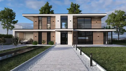 Exteriör frontvy av modern villa med symmetri, entrégång och vatteninslag vid sidan.