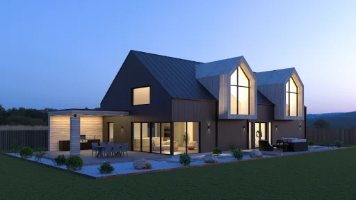 Ett modernt ladhus med tydlig nordisk karaktär. De sammanlänkade sadeltaksvolymerna, den mörka träpanelen och det strama plåttaket skapar ett sobert och tidlöst uttryck. Stora glaspartier och höga gavelfönster släpper in rikligt med ljus och suddar ut gränsen mellan inne och ute. Ett hem där enkelhet, ljus och proportion står i centrum.