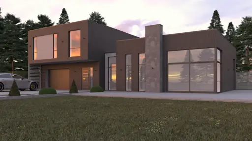 Exteriör av modern villa med mörk fasad, stora fönster och kvällsljus.