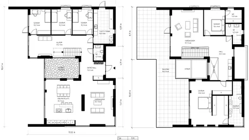 Ritning med planlösning för två våningsplan med måttsättning och rumsindelning.