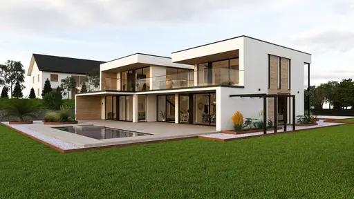 Exteriör av modern villa i vinkel med pool, terrass och stora glaspartier.