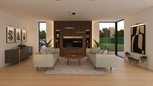 Interiör vardagsrum med ribbvägg och TV, två soffor och stora fönster.