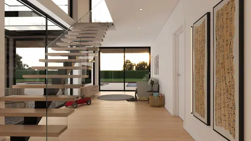 Interiör med fribärande trappa, glasräcke och ljus hall mot stora skjutdörrar.