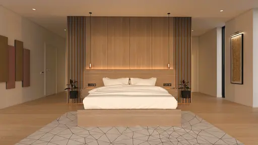 Interiör sovrum med träpanel, säng, pendellampor och lugna materialtoner.