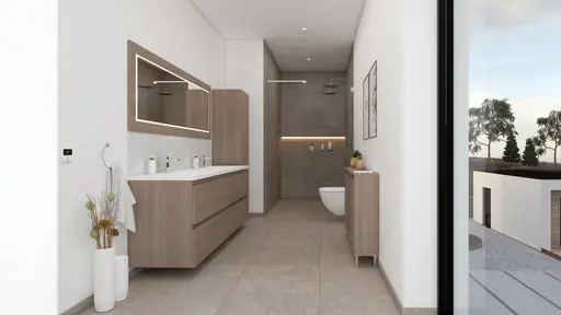 Interiör badrum med dubbelhandfat, stor spegel och dusch i grå/beige toner.