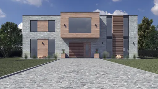 Exteriör frontvy av modern kubisk byggnad med stenfasad och träinslag.