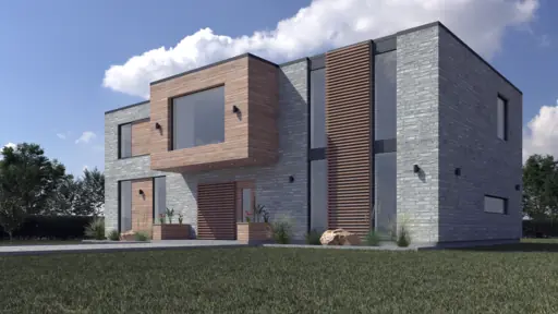 Exteriör perspektivvy av modern villa med utskjutande trävolym och stora glaspartier.