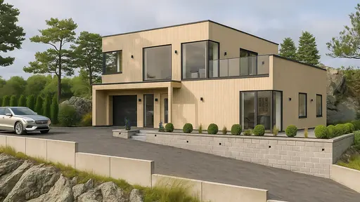 Exteriör av modern träklädd villa med garage, stora fönster och terrass.