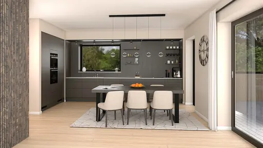 Interiör kök med mörka skåp, matbord och glasdörrar mot uteplats.