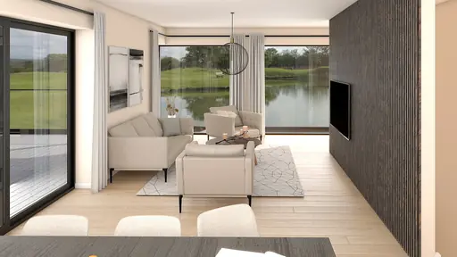 Interiör vardagsrum med stora fönster mot vatten, ribbvägg och ljusa möbler.