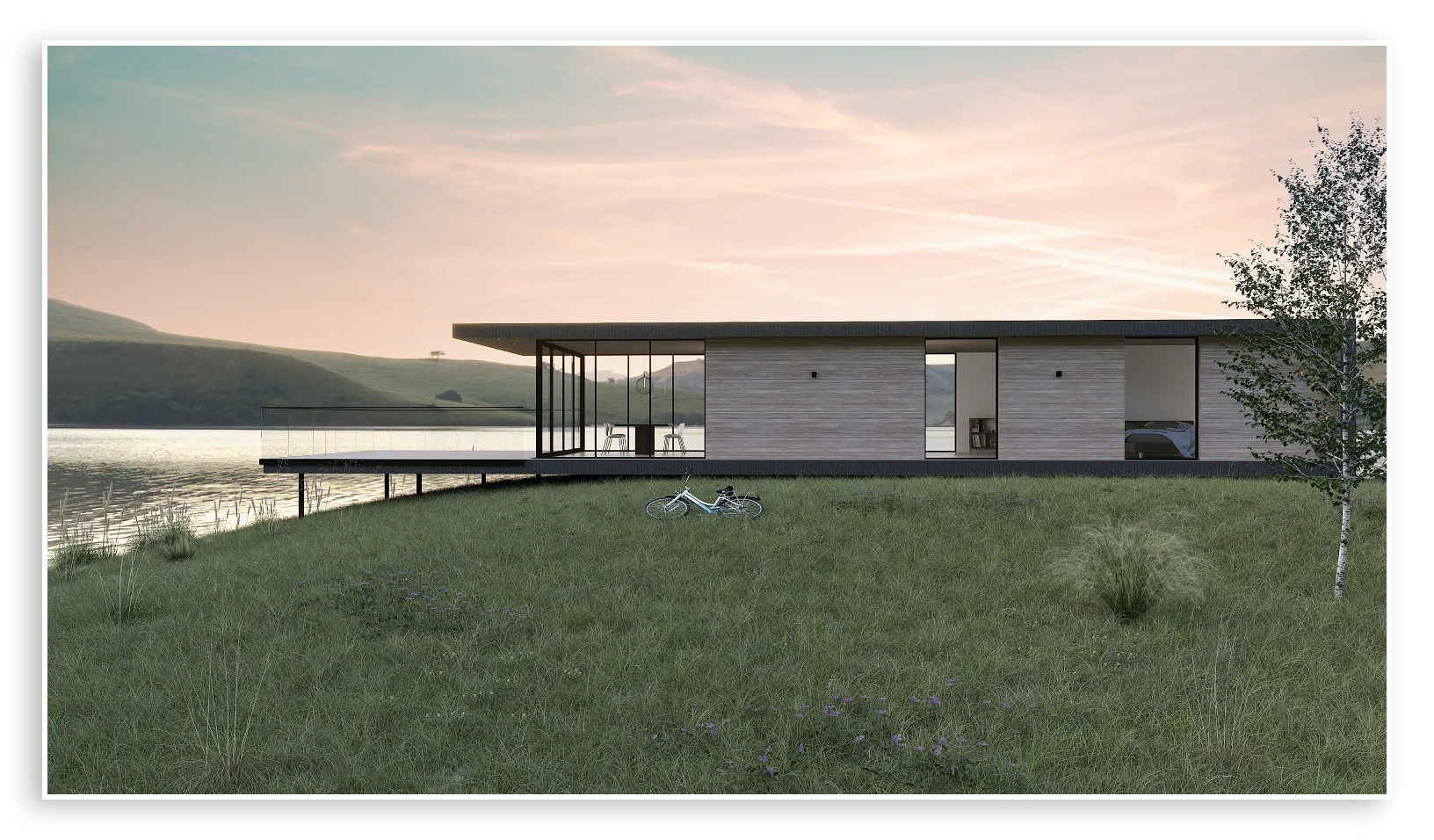 Visualisering av en villa vid sjön